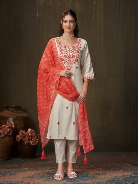 Refined OffWhite Khadi Cotton Embroidered Kurta Pant Dupatta Set for Women Embroidery Kurtis 