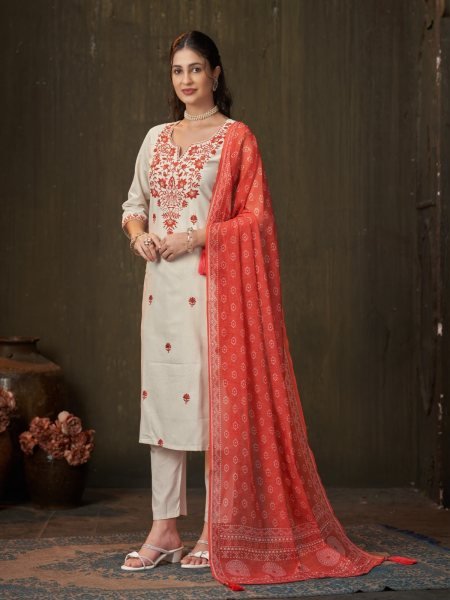 Refined OffWhite Khadi Cotton Embroidered Kurta Pant Dupatta Set for Women Embroidery Kurtis 