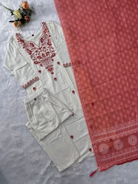 Refined OffWhite Khadi Cotton Embroidered Kurta Pant Dupatta Set for Women Embroidery Kurtis 