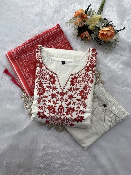 Refined OffWhite Khadi Cotton Embroidered Kurta Pant Dupatta Set for Women Embroidery Kurtis 