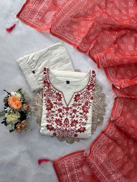 Refined OffWhite Khadi Cotton Embroidered Kurta Pant Dupatta Set for Women Embroidery Kurtis 