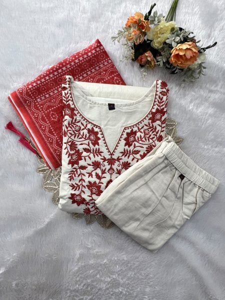 Refined OffWhite Khadi Cotton Embroidered Kurta Pant Dupatta Set for Women Embroidery Kurtis 