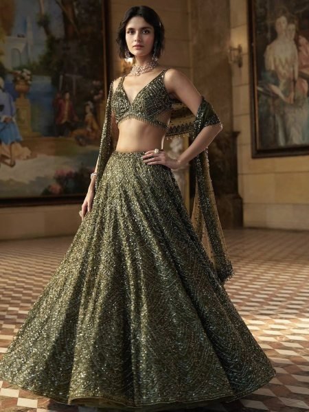 Refined Olive Chinon Silk Lehenga Choli with Dori Sequins Thread Work and Net Dupatta  Lehenga