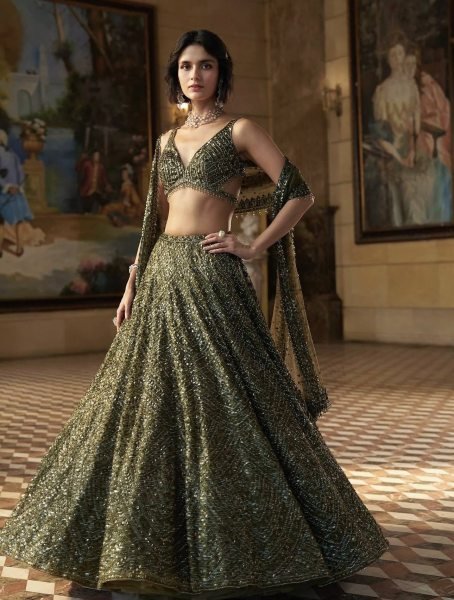 Refined Olive Chinon Silk Lehenga Choli with Dori Sequins Thread Work and Net Dupatta Bollywood Lehenga Choli