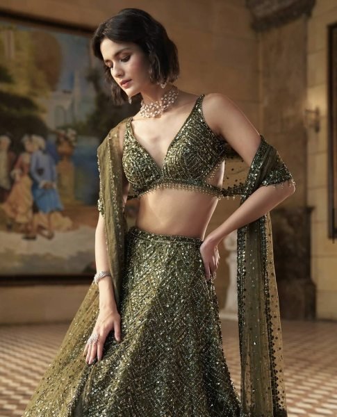 Refined Olive Chinon Silk Lehenga Choli with Dori Sequins Thread Work and Net Dupatta Bollywood Lehenga Choli