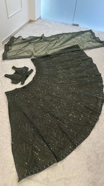 Refined Olive Chinon Silk Lehenga Choli with Dori Sequins Thread Work and Net Dupatta Bollywood Lehenga Choli