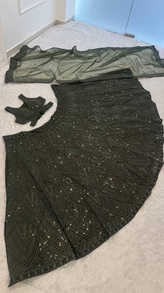 Refined Olive Chinon Silk Lehenga Choli with Dori Sequins Thread Work and Net Dupatta Bollywood Lehenga Choli