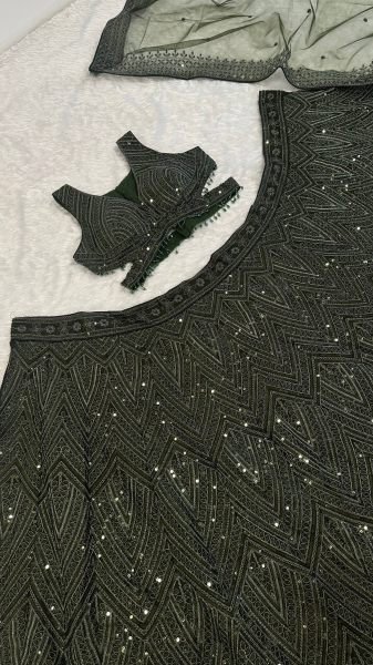 Refined Olive Chinon Silk Lehenga Choli with Dori Sequins Thread Work and Net Dupatta Bollywood Lehenga Choli