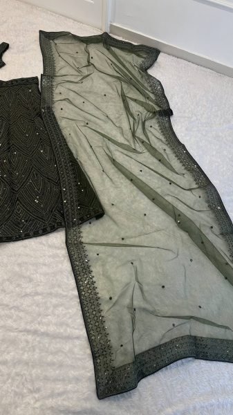 Refined Olive Chinon Silk Lehenga Choli with Dori Sequins Thread Work and Net Dupatta Bollywood Lehenga Choli