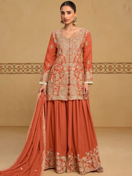 Refined Orange Chinon Embroidered Suit Set with Matching Dupatta at Wholesale Rate Salwar Kameez