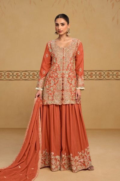 Refined Orange Chinon Embroidered Suit Set with Matching Dupatta at Wholesale Rate Designer Plazzo Salwar Suits Wholesale