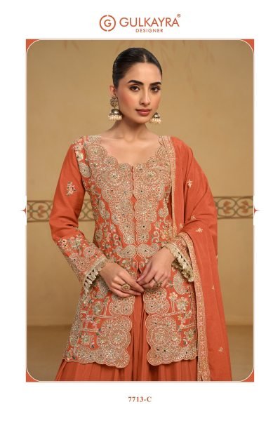 Refined Orange Chinon Embroidered Suit Set with Matching Dupatta at Wholesale Rate Designer Plazzo Salwar Suits Wholesale