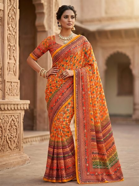 Refined Orange Elegant Heavy Georgette Saree with Mosaic Digital Print and Mirror Work Georgette Sarees Wholesale