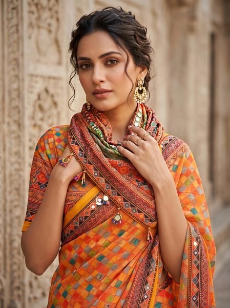Refined Orange Elegant Heavy Georgette Saree with Mosaic Digital Print and Mirror Work Georgette Sarees Wholesale