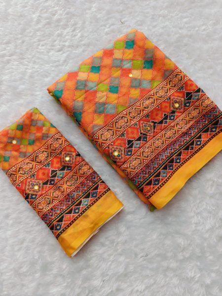 Refined Orange Elegant Heavy Georgette Saree with Mosaic Digital Print and Mirror Work Georgette Sarees Wholesale