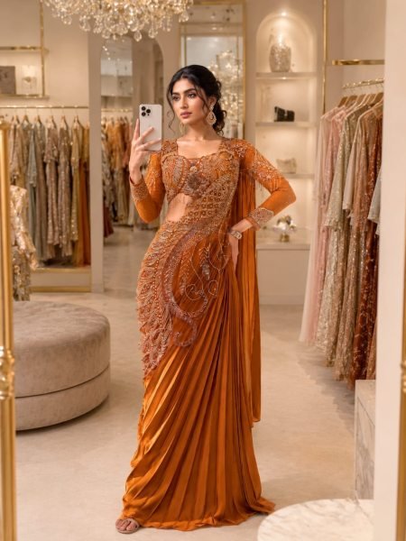 Refined Orange Elegant Rangoli Silk Saree for Wedding and Festive Wear Ready To Wear Saree 
