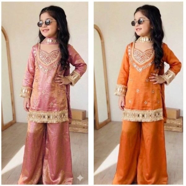 Refined Orange Girls Chinon Silk Palazzo Suit with Embroidery and Mirror Hand Work Girls Wear