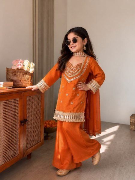 Refined Orange Girls Chinon Silk Palazzo Suit with Embroidery and Mirror Hand Work Girls Wear