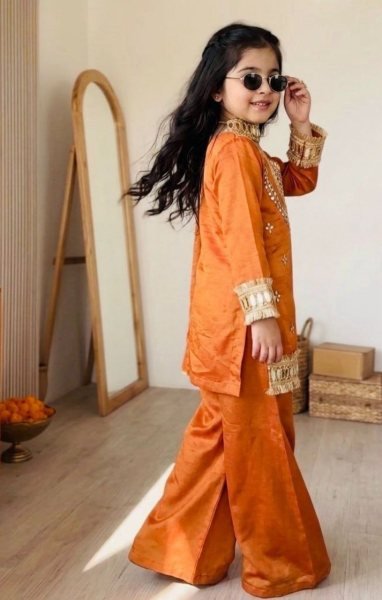 Refined Orange Girls Chinon Silk Palazzo Suit with Embroidery and Mirror Hand Work Girls Wear