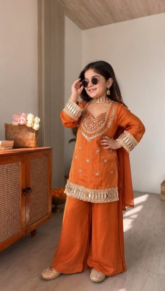 Refined Orange Girls Chinon Silk Palazzo Suit with Embroidery and Mirror Hand Work Girls Wear
