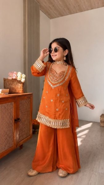 Refined Orange Girls Chinon Silk Palazzo Suit with Embroidery and Mirror Hand Work Girls Wear