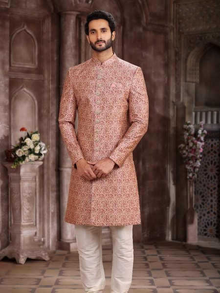 Refined Peach Wholesale Sherwani Set for Resellers at Manufacturer Rate Mens Wear