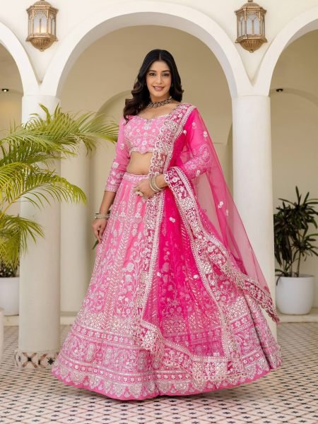 Refined Pink Designer Natural Crap Silk Lehenga with Butterfly Net Dupatta For Wedding 