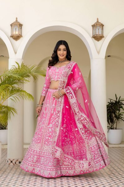 Refined Pink Designer Natural Crap Silk Lehenga with Butterfly Net Dupatta For Wedding Designer Lehenga Choli