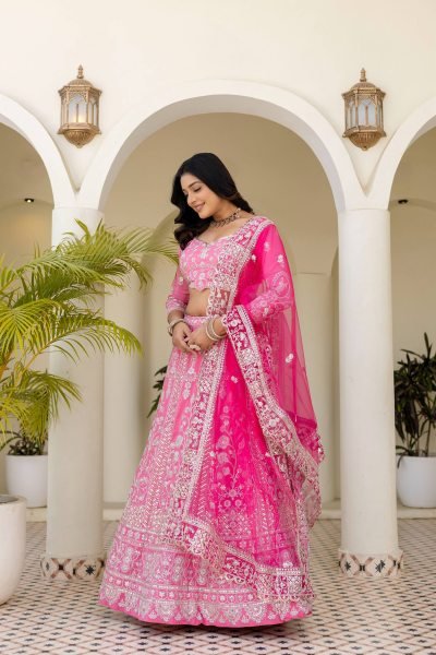 Refined Pink Designer Natural Crap Silk Lehenga with Butterfly Net Dupatta For Wedding Designer Lehenga Choli