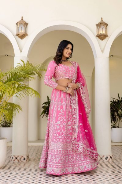 Refined Pink Designer Natural Crap Silk Lehenga with Butterfly Net Dupatta For Wedding Designer Lehenga Choli