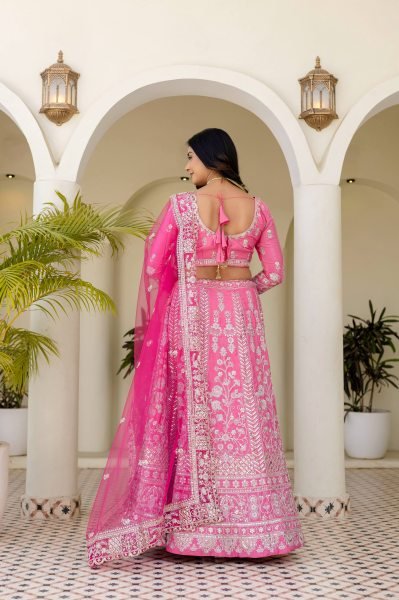 Refined Pink Designer Natural Crap Silk Lehenga with Butterfly Net Dupatta For Wedding Designer Lehenga Choli