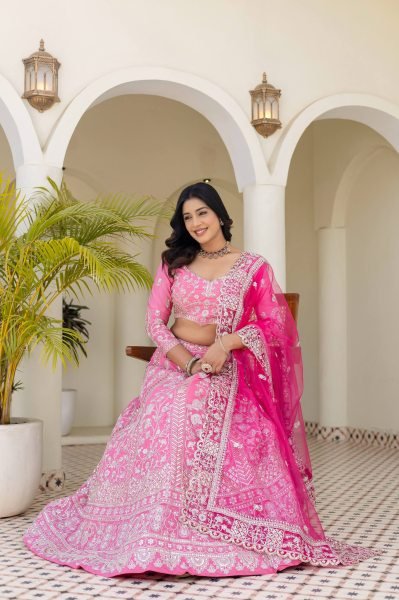 Refined Pink Designer Natural Crap Silk Lehenga with Butterfly Net Dupatta For Wedding Designer Lehenga Choli