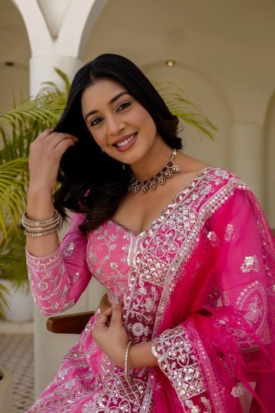 Refined Pink Designer Natural Crap Silk Lehenga with Butterfly Net Dupatta For Wedding Designer Lehenga Choli