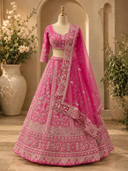 Refined Pink Designer Natural Crap Silk Lehenga with Butterfly Net Dupatta For Wedding Designer Lehenga Choli