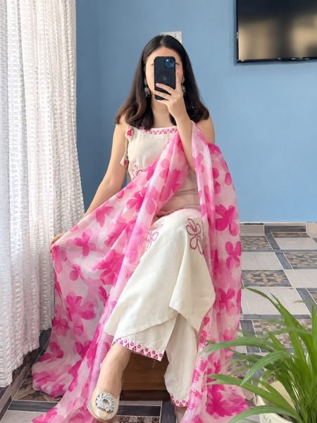 Refined Pink Designer Rayon Slub Kurta Pant Dupatta Set for Women 