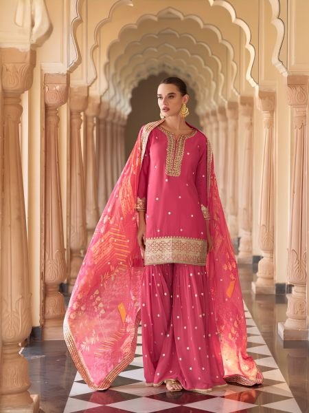 Refined Pink Festive Wear Real Chinon Top Palazzo and Digital Print Dupatta Set for Wedding Salwar Kameez