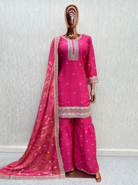 Refined Pink Festive Wear Real Chinon Top Palazzo and Digital Print Dupatta Set for Wedding Designer Plazzo Salwar Suits Wholesale
