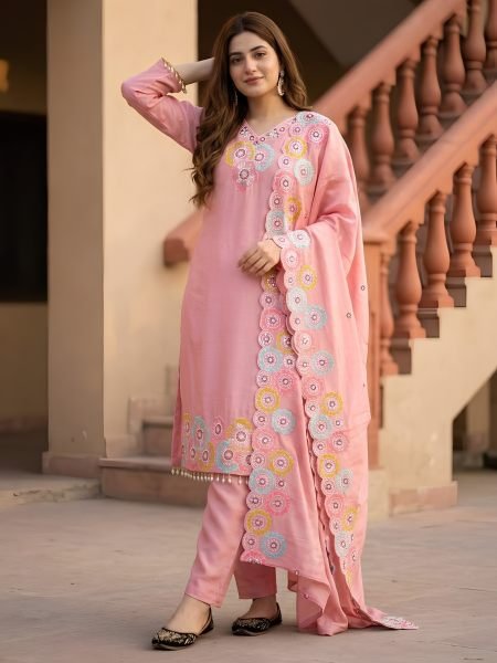 Refined Pink Heavy Chinon Silk 3 Piece Suit with Sequence Embroidery Work at Wholesale Rate Ready To Wear Suit