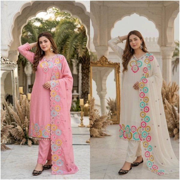 Refined Pink Heavy Chinon Silk 3 Piece Suit with Sequence Embroidery Work at Wholesale Rate Ready To Wear Collection