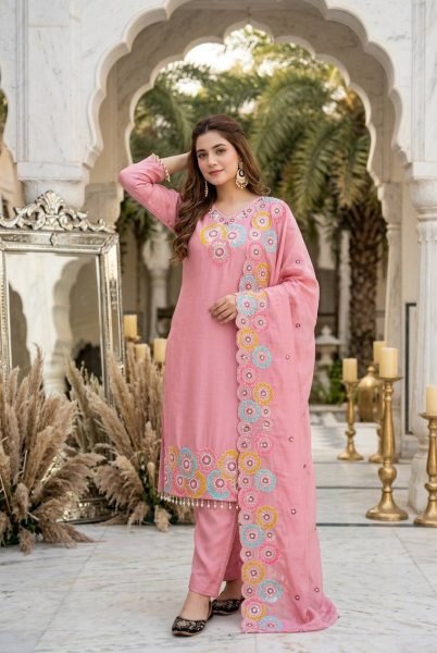 Refined Pink Heavy Chinon Silk 3 Piece Suit with Sequence Embroidery Work at Wholesale Rate Ready To Wear Collection