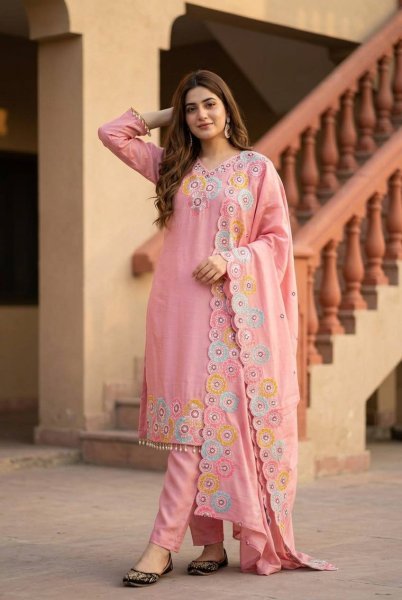 Refined Pink Heavy Chinon Silk 3 Piece Suit with Sequence Embroidery Work at Wholesale Rate Ready To Wear Collection