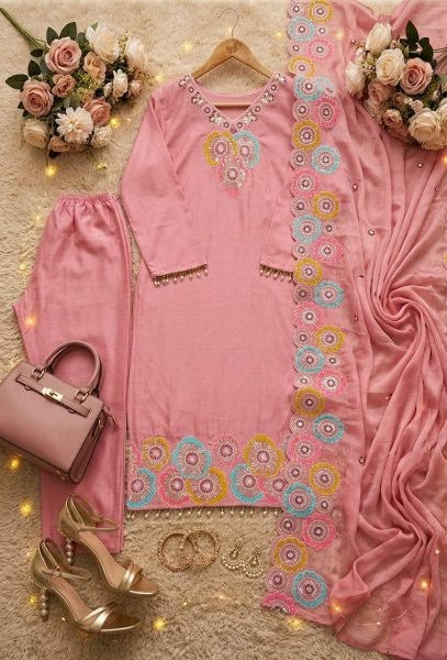 Refined Pink Heavy Chinon Silk 3 Piece Suit with Sequence Embroidery Work at Wholesale Rate Ready To Wear Collection