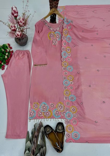 Refined Pink Heavy Chinon Silk 3 Piece Suit with Sequence Embroidery Work at Wholesale Rate Ready To Wear Collection