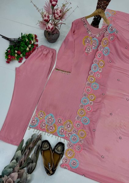 Refined Pink Heavy Chinon Silk 3 Piece Suit with Sequence Embroidery Work at Wholesale Rate Ready To Wear Collection