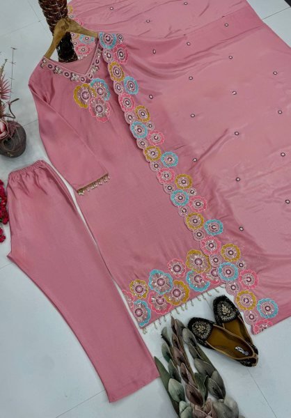 Refined Pink Heavy Chinon Silk 3 Piece Suit with Sequence Embroidery Work at Wholesale Rate Ready To Wear Collection