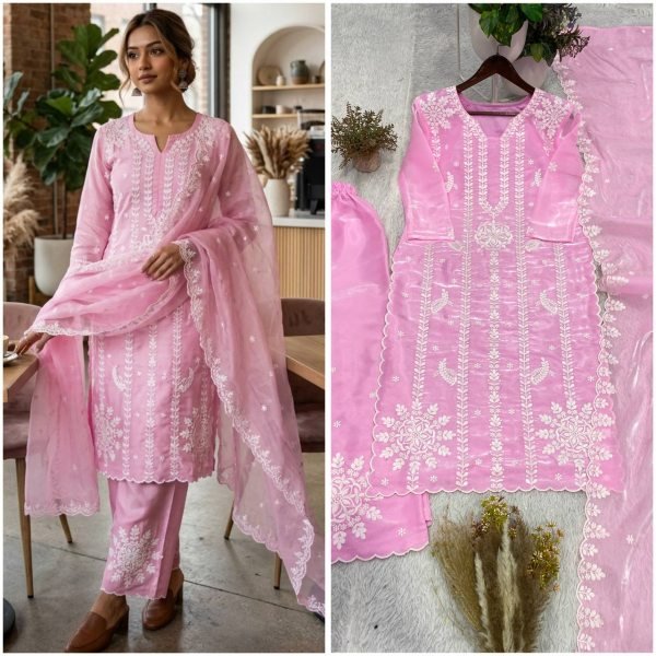 Refined Pink Jimmy Choo Embroidered Palazzo Suit Set with Dupatta With Cut Work For Women  Ready To Wear Collection