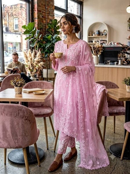 Refined Pink Jimmy Choo Embroidered Palazzo Suit Set with Dupatta With Cut Work For Women  Ready To Wear Collection
