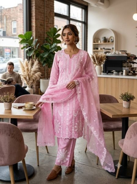 Refined Pink Jimmy Choo Embroidered Palazzo Suit Set with Dupatta With Cut Work For Women  Ready To Wear Collection
