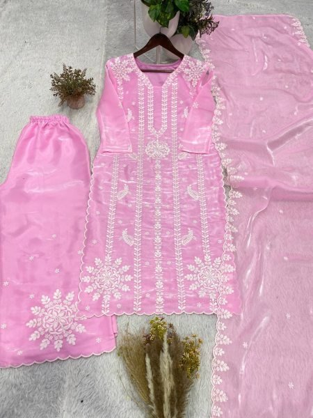 Refined Pink Jimmy Choo Embroidered Palazzo Suit Set with Dupatta With Cut Work For Women  Ready To Wear Collection