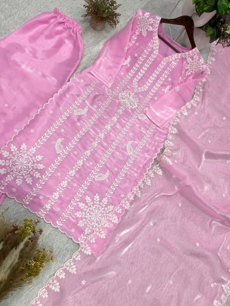 Refined Pink Jimmy Choo Embroidered Palazzo Suit Set with Dupatta With Cut Work For Women  Ready To Wear Collection